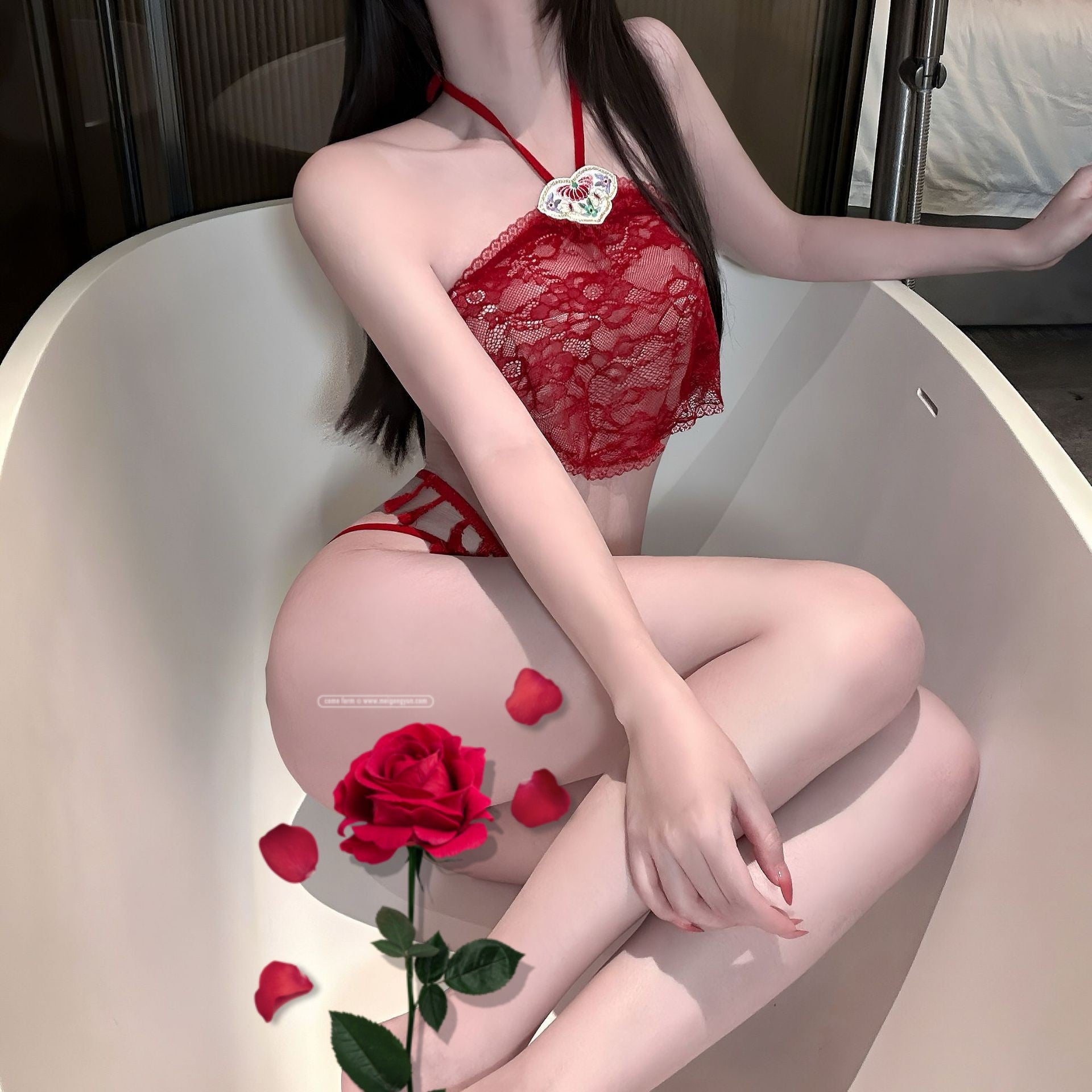 Image of Ah Hao's sexual, emotional underwear, new Chinese embroidered belly pocket set, three-point flirting, see-through, breast-exposing hot temptation